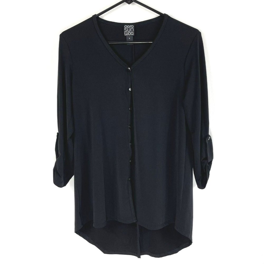Clara Sun Woo Top Size Small Black Cardigan Button Front Split Back Tab Sleeves